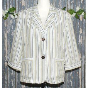 TanJay Ladies White Striped Double Button Jacket 14 Pockets 3/4 Cuffed Sleeves
